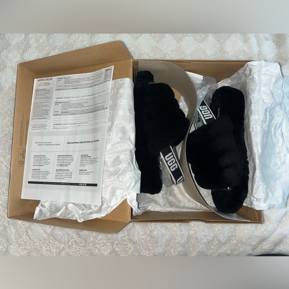 NEW Women’s UGG® Fluff Yeah Genuine Shearling Slingback Sandal in Black Size 9